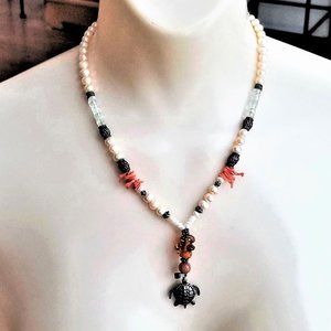 Handmade Necklace Turtle Heart 925 Beads 18"